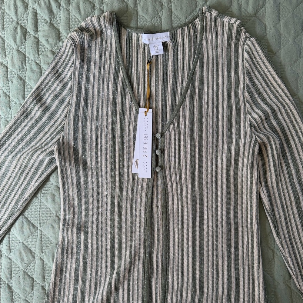 Women's House of Harlow Set Striped V-Neck Cardigan in Sage and Cream